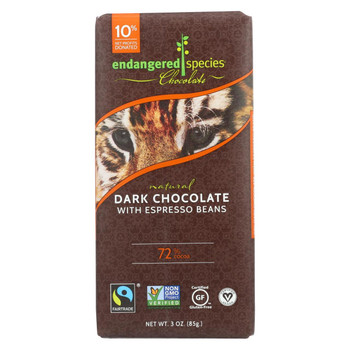 Endangered Species Natural Chocolate Bars - Dark Chocolate - 72 Percent Cocoa - Espresso Beans - 3 oz Bars - Case of 12