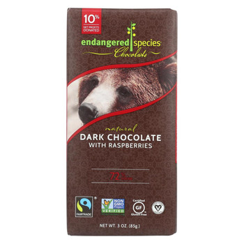 Endangered Species Natural Chocolate Bars - Dark Chocolate - 72 Percent Cocoa - Raspberries - 3 oz Bars - Case of 12