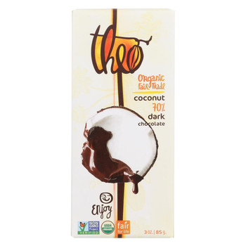 Theo Chocolate Organic Chocolate Bar - Classic - Dark Chocolate - 70 Percent Cacao - Coconut - 3 oz Bars - Case of 12