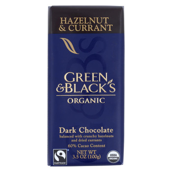 Green and Black's Organic Chocolate Bars - Dark Chocolate - 60 Percent Cacao - Hazelnut and Currant - 3.5 oz Bars - Case of 10