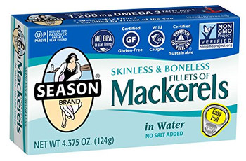 Season Brand Skinless and Boneless Mackerel Fillets in Water - No Salt Added - Case of 12 - 4.375 oz.