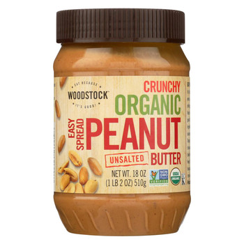 Woodstock Organic Unsalted Crunchy Easy Spread Peanut Butter - Case of 12 - 18 OZ Woodstock Organic Unsalted Crunchy Easy Spread Peanut Butter - Case of 12 - 18 OZ