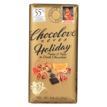 Chocolove Xoxox - Bar - Holiday Fruits and Nuts In Dark Chocolate - Case of 12 - 3.2 oz.
