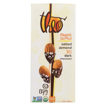 Theo Chocolate Organic Chocolate Bar - Classic - Dark Chocolate - 70 Percent Cacao - Salted Almond - 3 oz Bars - Case of 12
