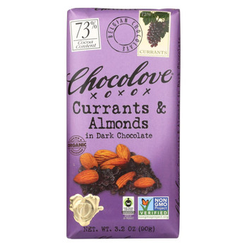Chocolove Xoxox Premium Chocolate Bar - Organic Dark Chocolate - Fair Trade Currants and Almonds - 3.2 oz Bars - Case of 12