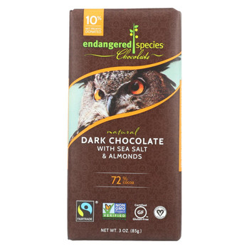 Endangered Species Natural Chocolate Bar - Dark Chocolate - 72 Percent Cocoa - Sea Salt and Almonds - 3 oz Bars - Case of 12