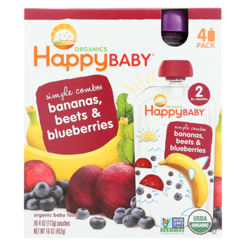 Happy Baby Food - Organic - Simple Combos - Bananas Beets and Blueberries - 6 Plus Months - Stage 2 - 3.5 oz - Case of 16