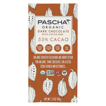Pascha Organic Chocolate Bar - Dark Chocolate - 55 Percent Cacao - with Cocoa Nibs - 3.5 oz Bars - Case of 10 Pascha Organic Chocolate Bar - Dark Chocolate - 55 Percent Cacao - with Cocoa Nibs - 3.5 oz Bars - Case of 10