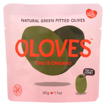 Oloves Green Pitted Olives - Chili and Oregano - Case of 10 - 1.1 oz.