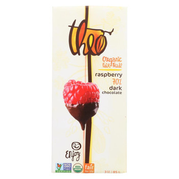 Theo Chocolate Organic Chocolate Bar - Classic - Dark Chocolate - 70 Percent Cacao - Raspberry - 3 oz Bars - Case of 12