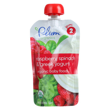 Plum Organics Baby Food - Organic - Raspberry Spinach and Greek Yogurt - Stage 2 - 6 Months and Up - 3.5 .oz - Case of 6