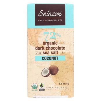 Salazon Chocolate Candy - Organic - Dark Chocolate - 72 Percent Cocoa - Sea Salt and Coconut - 2.75 oz - Case of 12