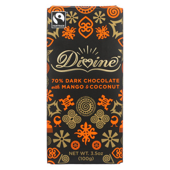 Divine Chocolate Bar - Dark Chocolate - 70 Percent Cocoa - Mango and Coconut - 3.5 oz Bars - Case of 10