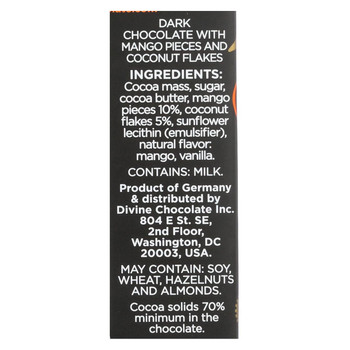 Divine Chocolate Bar - Dark Chocolate - 70 Percent Cocoa - Mango and Coconut - 3.5 oz Bars - Case of 10