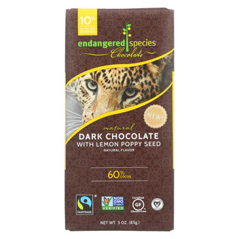 Endangered Species Natural Chocolate Bars - Dark Chocolate - 60 Percent Cocoa - Lemon Poppy Seed - 3 oz Bars - Case of 12