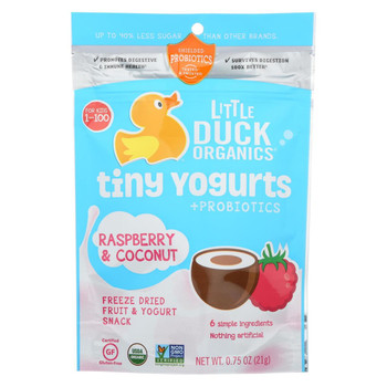 Little Duck Organics Freeze Dried Fruit and Yogurt - Tiny Yogurts - Organic - Raspberry and Coconut - Ages 1 Year Plus - .75 oz - case of 6 Little Duck Organics Freeze Dried Fruit and Yogurt - Tiny Yogurts - Organic - Raspberry and Coconut - Ages 1 Year Plus - .75 oz - case of 6
