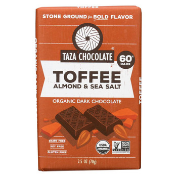 Taza Chocolate Stone Ground Organic Dark Chocolate Bar - Toffee Almond and Sea Salt - Case of 10 - 2.5 oz.