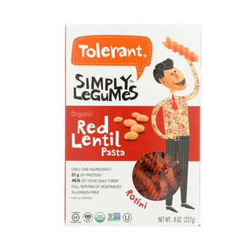 Tolerant Organic Pasta - Red Lentil Rotini - Case of 6 - 8 oz