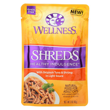 Wellness Pet Products Cat Food - Shreds with Skipjack Tuna and Shrimp In Light Sauce - Case of 24 - 3 oz. Wellness Pet Products Cat Food - Shreds with Skipjack Tuna and Shrimp In Light Sauce - Case of 24 - 3 oz.