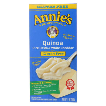 Annie's Homegrown Gluten Free Quinoa Rice Pasta and White Cheddar - Case of 12 - 6 oz. Annie's Homegrown Gluten Free Quinoa Rice Pasta and White Cheddar - Case of 12 - 6 oz.