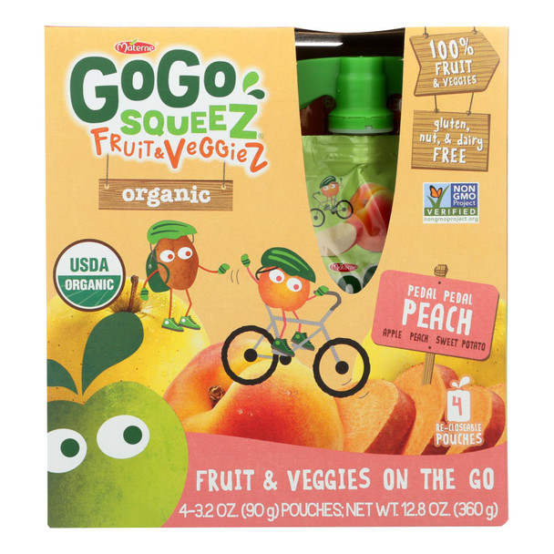 Gogo Squeez Pedal Pedal Peach Organic Fruit & Veggiez On The Go - Case of 12 - 4/3.2 OZ