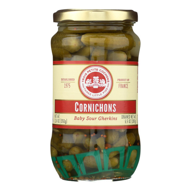 Les Trois Petits Cochons Three Little Pigs Cornichons Baby Sour Gherkins - Case of 12 - 12.35 OZ