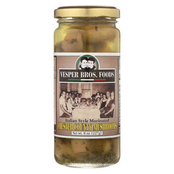 Vesper Bros. Foods Italian Style Marinated Chester County Mushrooms  - Case of 12 - 8 OZ