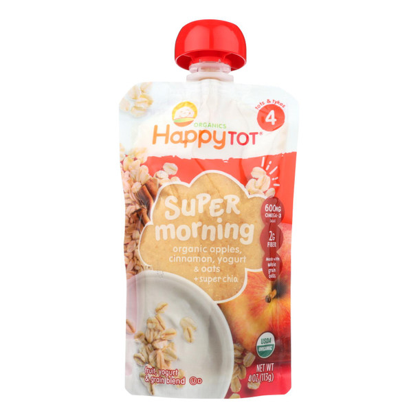 Happy Tot Super Morning Organic Apples, Cinnamon, Yogurt And Oats + Super Chia  - Case of 16 - 4 OZ