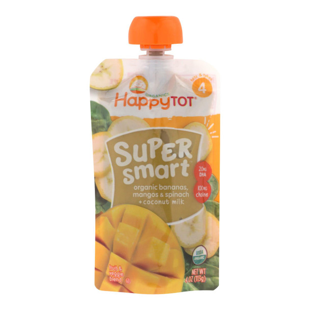 Happy Tot Super Smart Organic Bananas, Mangos, & Spinach + Coconut Milk  - Case of 16 - 4 0Z