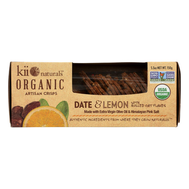 Kii Naturals Date And Lemon Organic Artisan Crisps Made With Rolled Oats, Flax Seeds And Sesame Seeds - Case of 6 - 5.3 OZ