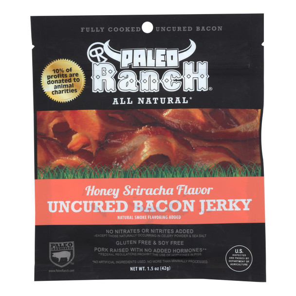 Paleo Ranch Uncured Bacon Jerky, Honey Sriracha Flavor,  - Case of 8 - 1.5 OZ