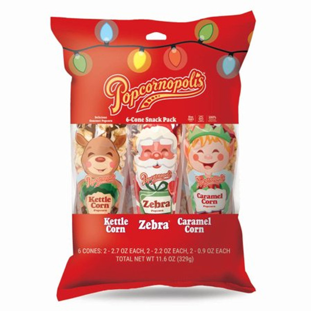 Popcornopolis - 6 Cone Xmas Snack Pack - Case of 12 - 11.6 OZ