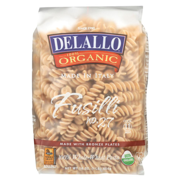 Delallo - Organic Whole Wheat Fusilli Pasta - Case of 16 - 1 lb.
