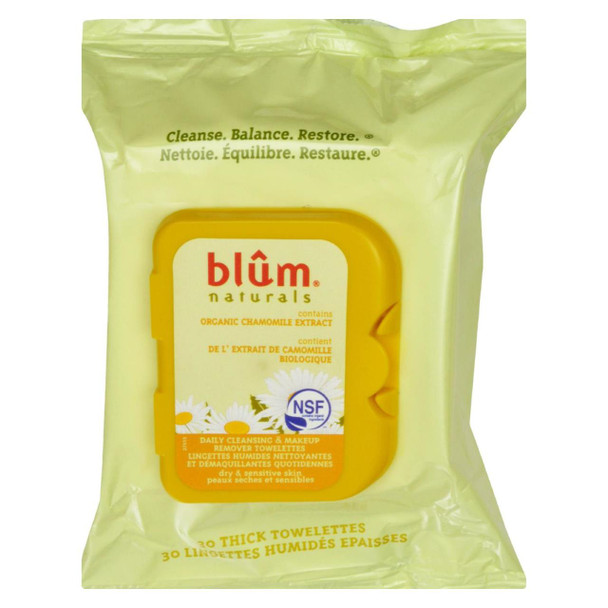 Blum Naturals - Dry and Sensitive Skin Daily Cleansing Towelettes with Chamomile - 30 Towelettes - Case of 3