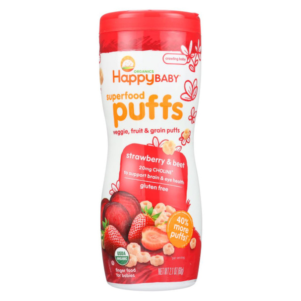 Happy Bites Organic Puffs Finger Food for Babies - Strawberry Puffs - Case of 6 - 2.1 oz