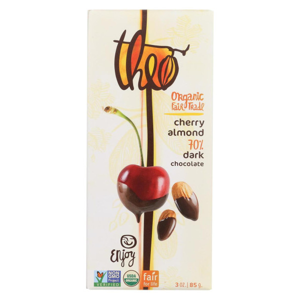 Theo Chocolate Organic Chocolate Bar - Classic - Dark Chocolate - 70 Percent Cacao - Cherry and Almond - 3 oz Bars - Case of 12