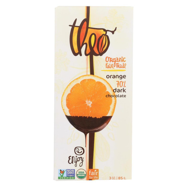 Theo Chocolate Organic Chocolate Bar - Classic - Dark Chocolate - 70 Percent Cacao - Orange - 3 oz Bars - Case of 12