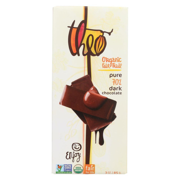 Theo Chocolate Organic Chocolate Bar - Classic - Dark Chocolate - 70 Percent Cacao - Pure - 3 oz Bars - Case of 12