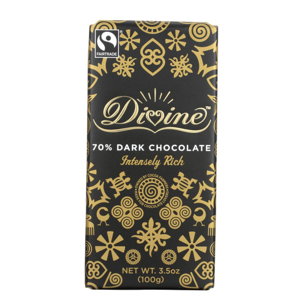 Divine Chocolate Bar - Dark Chocolate - 70 Percent Cocoa - 3.5 oz Bars - Case of 10