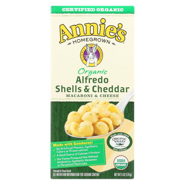 Annies Homegrown Macaroni and Cheese - Organic - Alfredo Shells and Cheddar - 6 oz - case of 12