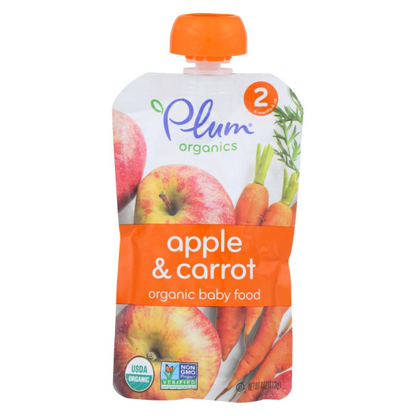 Plum Organics Baby Food - Organic -Apple and Carrot - Stage 2 - 6 Months and Up - 3.5 .oz - Case of 6