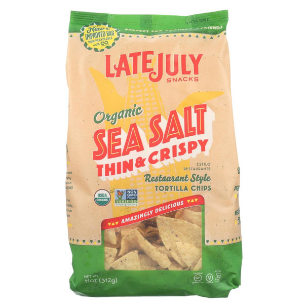 Late July Snacks Organic Tortilla Chips - Thin and Crispy Sea Salt - Case of 9 - 11 oz.