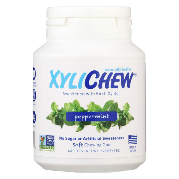 XyliChew Chewing Gum - Sugar Free Peppermint - 60 Piece Jar - Case of 4