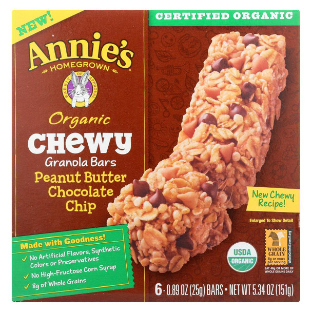 Annie's Homegrown Organic Chewy Granola Bars Peanut Butter Chocolate Chip - Case of 12 - 5.34 oz.