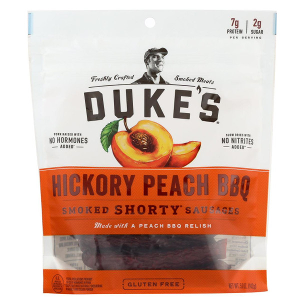 Dukes Smoked Shorty Sausages - Hickory Peach BBQ Pork Sausages - Case of 8 - 5 oz.