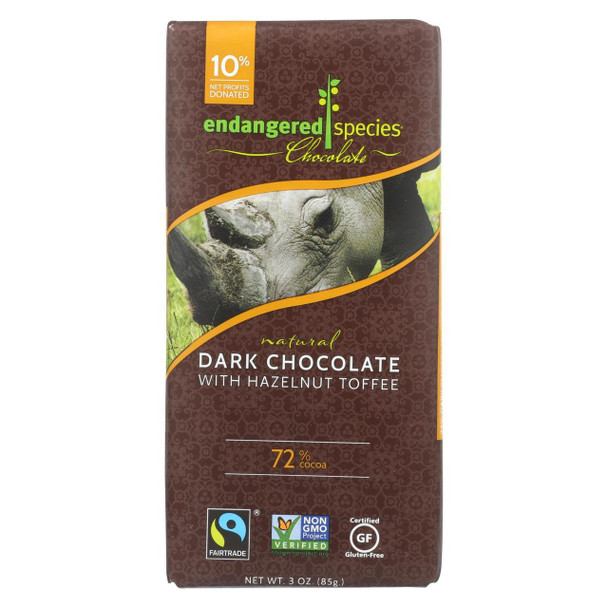 Endangered Species Natural Chocolate Bars - Dark Chocolate - 72 Percent Cocoa - Hazelnut Toffee - 3 oz Bars - Case of 12
