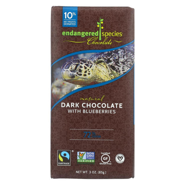 Endangered Species Natural Chocolate Bars - Dark Chocolate - 72 Percent Cocoa - Blueberries - 3 oz Bars - Case of 12