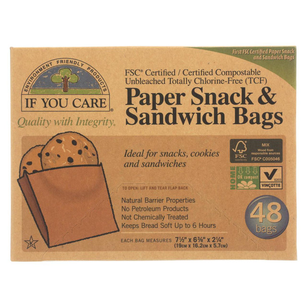 If You Care Bags - Snack and Sandwich - Paper - Unbleached - 48 Count - Case of 12