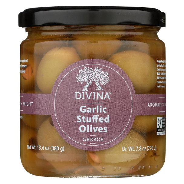 Divina - Green Olives Stuffed with Garlic - Case of 6 - 7.8 oz.