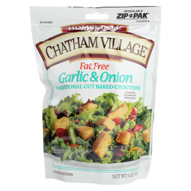 Chatham Village Traditional Cut Croutons - Garlic and Onion - Case of 12 - 5 oz.